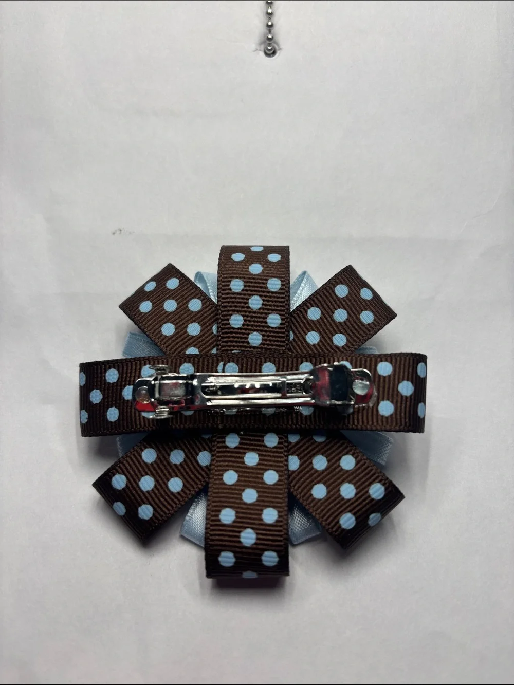 Blue & Brown Polka Dot Ribbon Flower Hair Bow